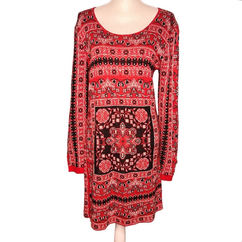 Bandana Sweater Dress Blue Flair Size Large Rust Pattern Knit Western Cowgirl